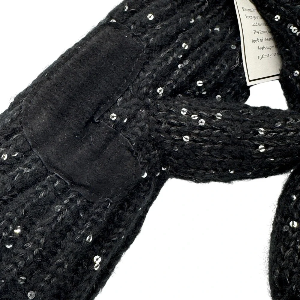 Isotoner Black Sequin Womens Mittens Cable Knit Sherpasoft Lining Shimmer Cozy - Picture 5 of 10